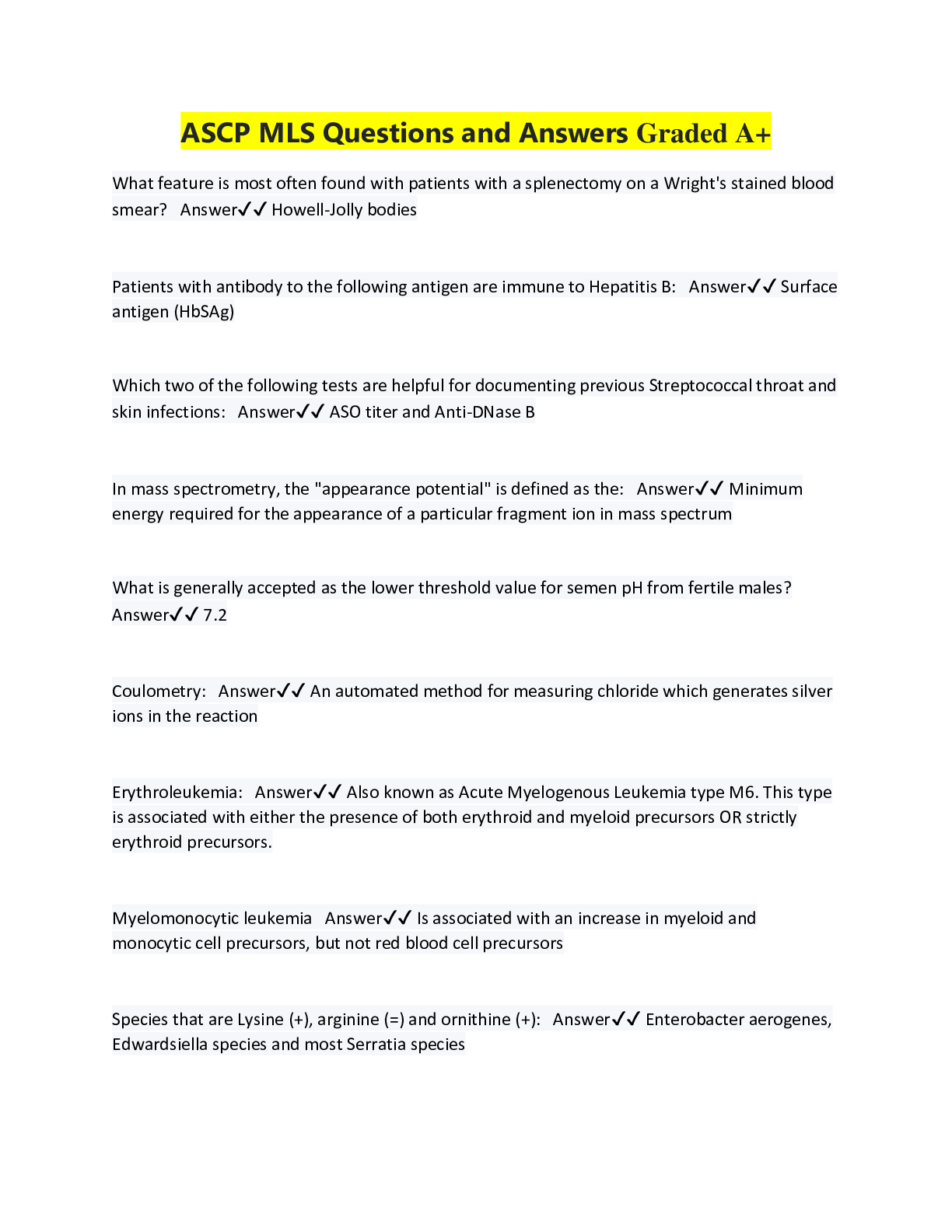 Preview image for ASCP MLS Questions and Answers Graded A+
